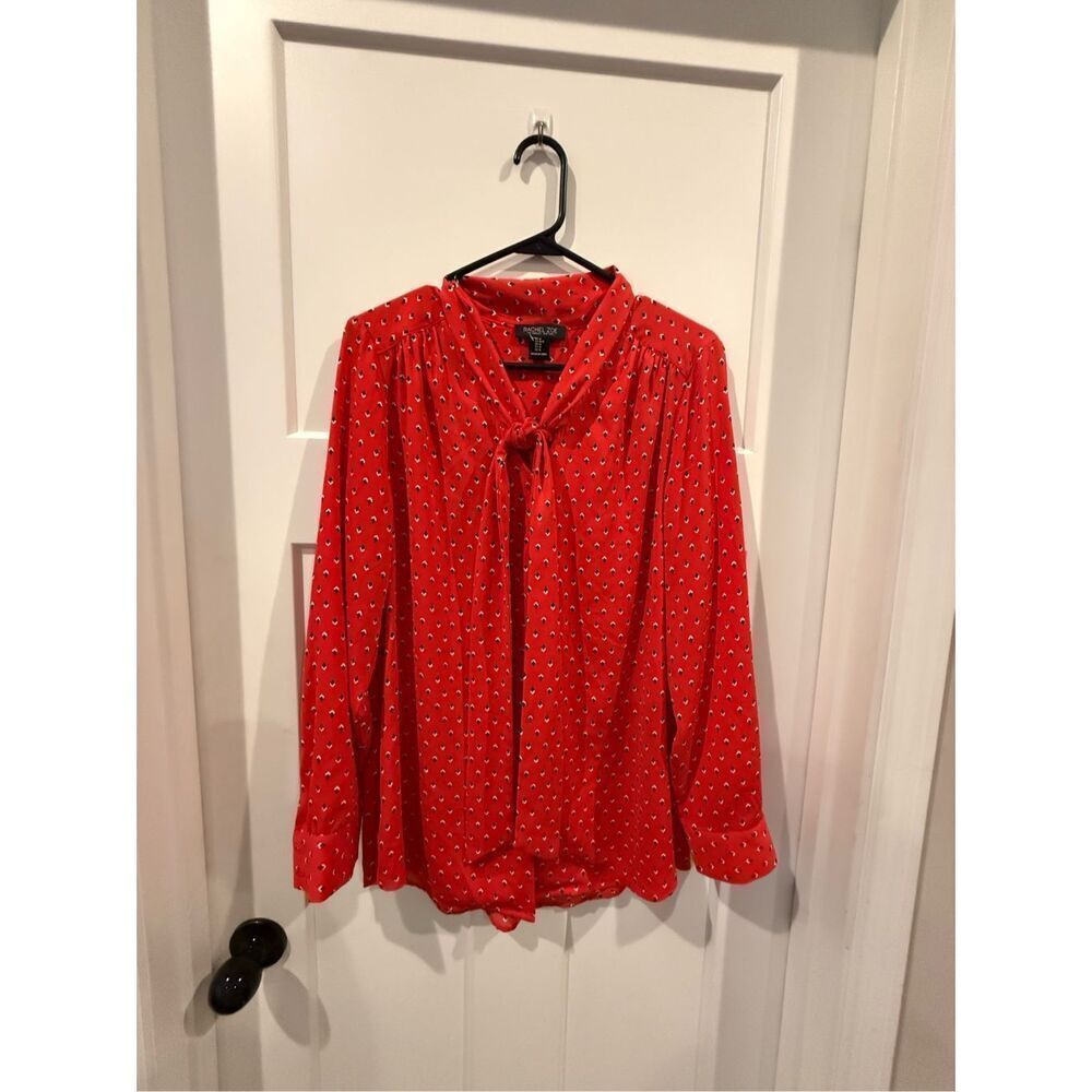 ✅Rachel Zoe Red patterned tie blouse sz M